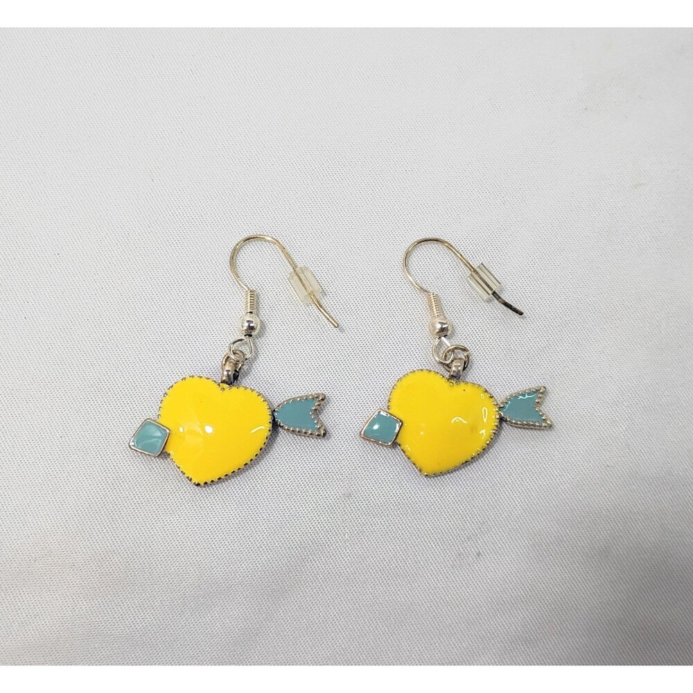 Vintage Jordache Yellow Heart with Teal Arrow Drop Earrings NIP